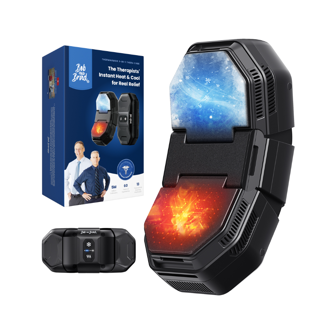 Black heat and cool device with glowing red and blue lights, and its packaging on a white background.