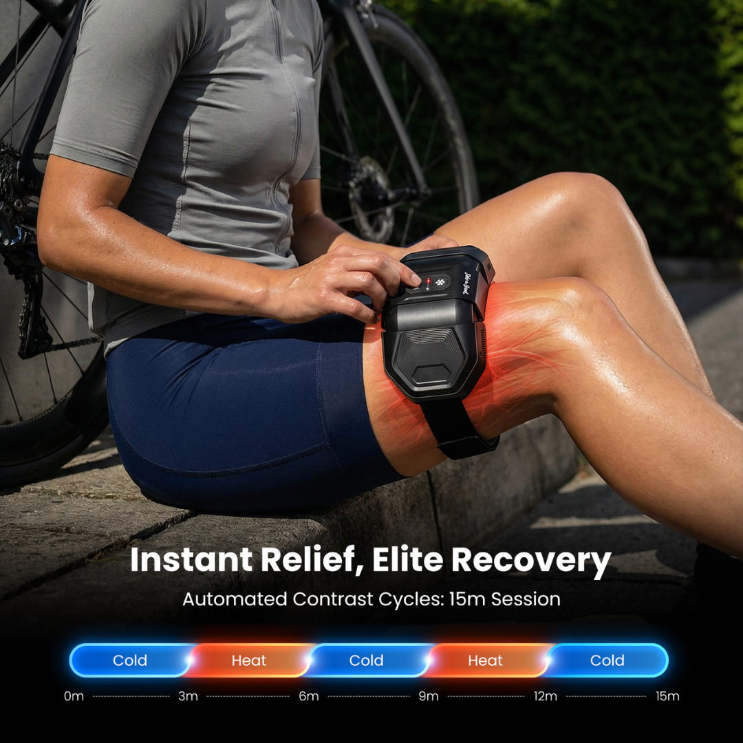 Person using the ThermArmor recovery device on their leg with a bike in the background. Text includes: instant relief, elite recovery. Automated contrast cycles: 15 m session cold-heat-cold-heat-cold-heat-cold for 3 m each. 