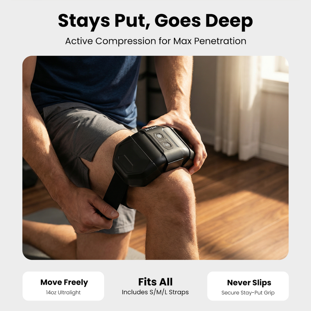 Person using the ThermArmor device on their knee, with text highlighting features. Text includes: stays put, goes deep. Active compression for max penetration. Move freely (14oz ultralight), fits all (includes S/M/L straps), never slips (secure stay-put grip). 