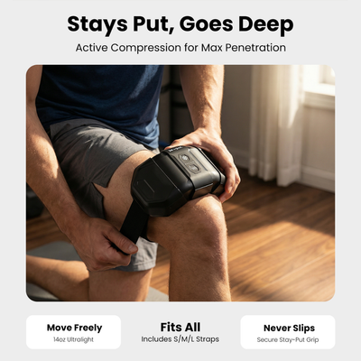 Person using the ThermArmor device on their knee, with text highlighting features. Text includes: stays put, goes deep. Active compression for max penetration. Move freely (14oz ultralight), fits all (includes S/M/L straps), never slips (secure stay-put grip). 
