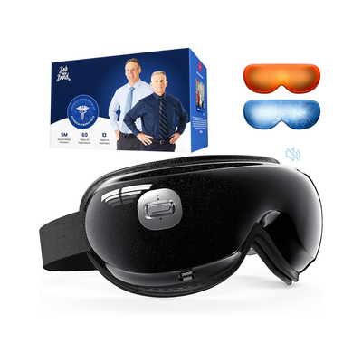 Black eye massager with gel mask, packaging on a white background