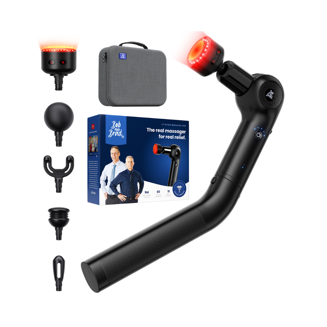 Black long-handle massage gun with 5 attachments and packaging on a white background