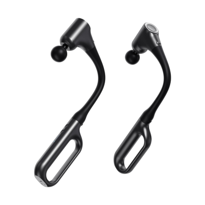 Two views of a black, curved, long-handled massage gun. 